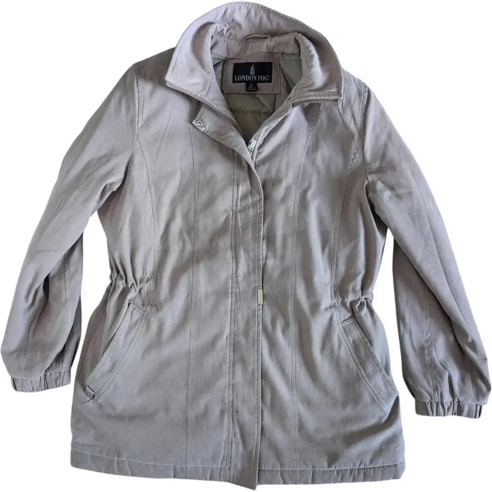 London Fog Coat Womens PM Beige Microfiber‎ Zip Parka Drawstring Waist Insulated